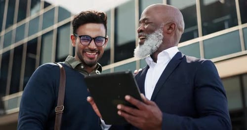 Tablet, discussion and businessman with manager in the city planning a legal strategy