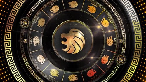 Luxury Golden Leo Zodiac Rotation with Ornate Greek Pattern
