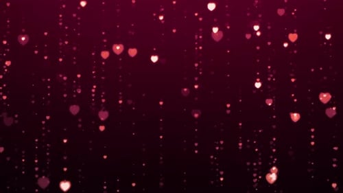 Corações roxos brilhantes, partículas caindo