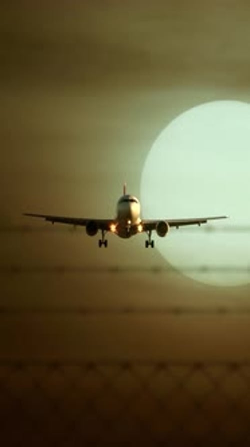 An Airplane Landing at Sunset Captured Beautifully with Dramatic Lighting Effects