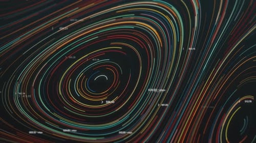 Nano Sammlung: Animiertes Loop-Übergangselement aus rotierenden mehrfarbigen Kreisen mit Linien und in