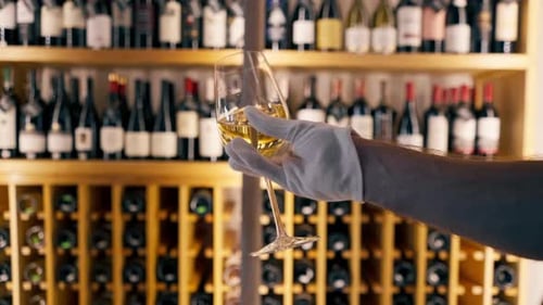 Gros plan d'un verre de vin tenu par un sommelier dans un restaurant italien en arrière-plan