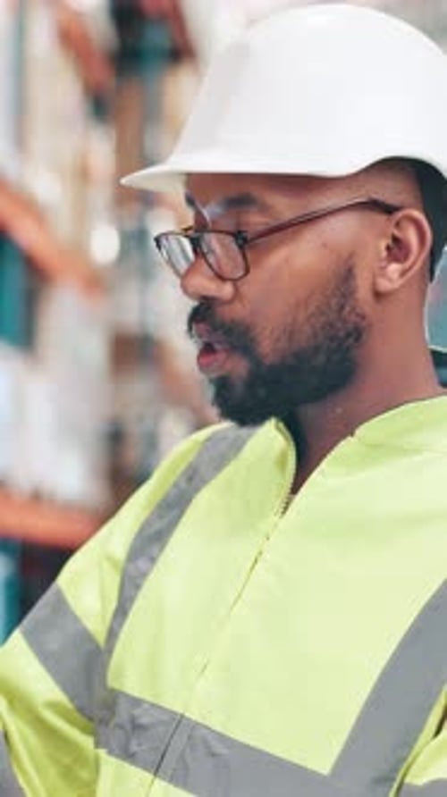 Man, logistics and contractor with tablet at warehouse for shipping, inventory or inspection