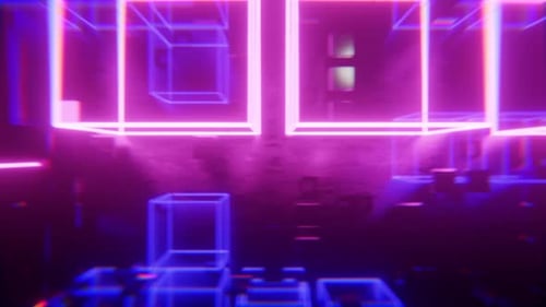 Flashing to the beat of the music neon lights in an abstract tunnel. The camera moves and rotates th