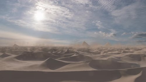Desert dunes with pyramids shape mountains, aerial