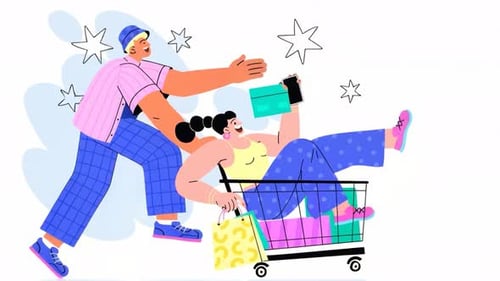 Pareja montando en un carrito de compras: mega oferta de Black Friday
