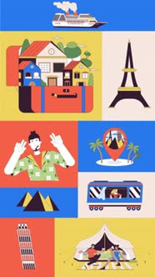World travel and vacation adventure bento grid vertical animation