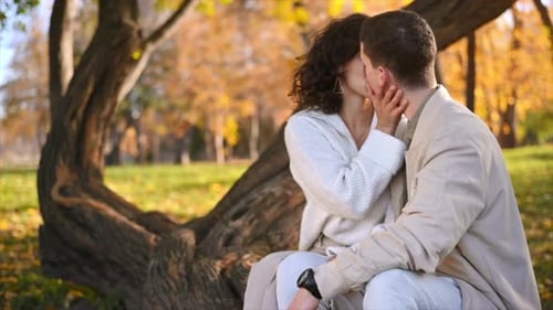 A romantic couple in an autumn park. Kissing each other. Autumn atmosphere, yellowed trees and leave