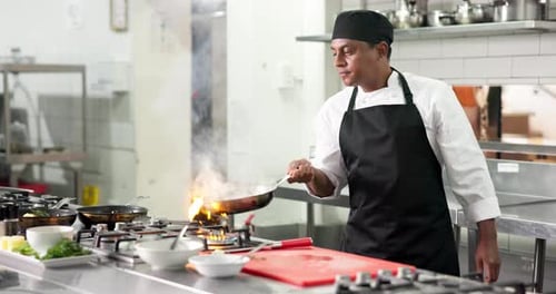 Cooking, meal and chef in restaurant with preparation, culinary process