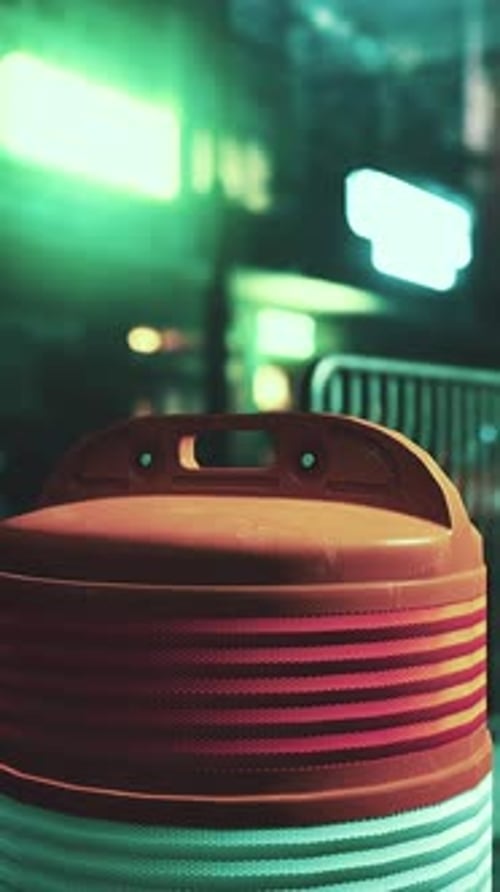 A Red and White Trash Can Sitting on the Side of a Road