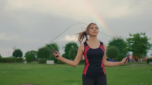 Close Up Sporty Woman Doing Jump Exercise with Skipping Rope Outdoors Against Background of