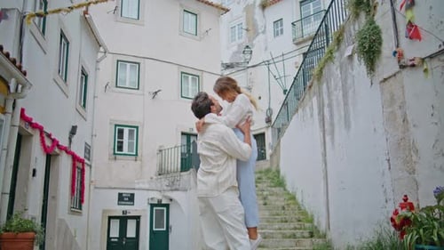 Strong Macho Swirling Girlfriend at Tiny Street Zoom on Newlyweds Having Fun