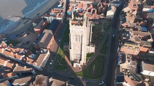 Aerial view of a historic church in Cromer, Norfolk, near the seaside and town streets
