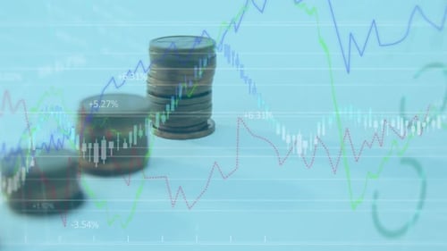 Digital composite video of financial data processing against stack of coins