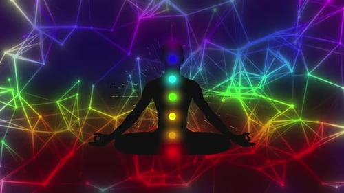 Figura meditativa de fusão cósmica abraçada por uma animação cíclica de aura 3D