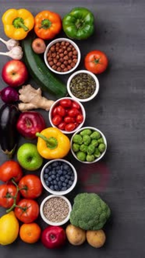 Variety of Fresh Vegetables and Fruits Being Arranged