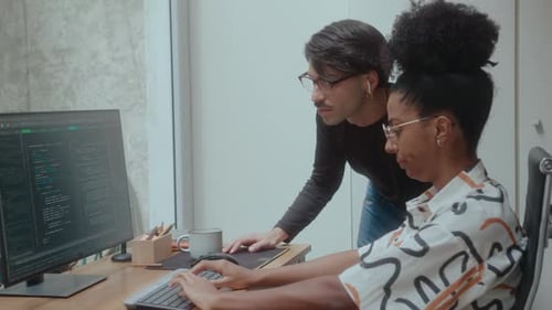 Female Programmer Coding on Computer and Talking with Colleague