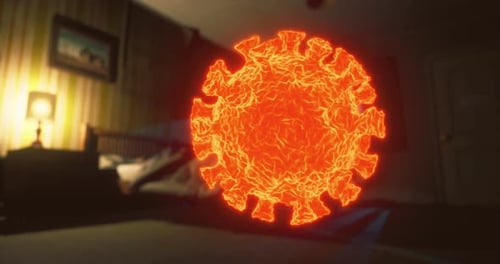 Bright Red Virus Symbol Glowing in a Dark Bedroom Environment at Night
