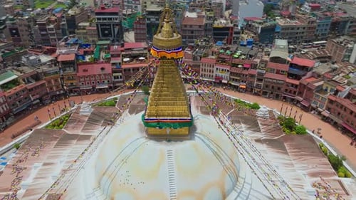 Above View Of Boudhanath Stupa Golden Top In Kathmandu, Nepal. Aerial Shot