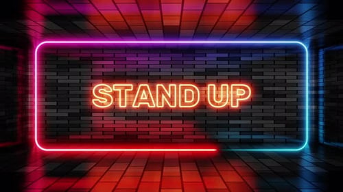 Neon sign stand up in speech bubble frame on brick wall background 3d render. Light banner