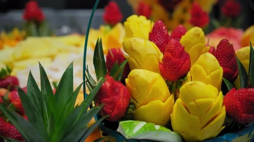 Colorful Fruits are on the Table Sweet Bar at the Event Move Camera Close Up Shot Move Camera