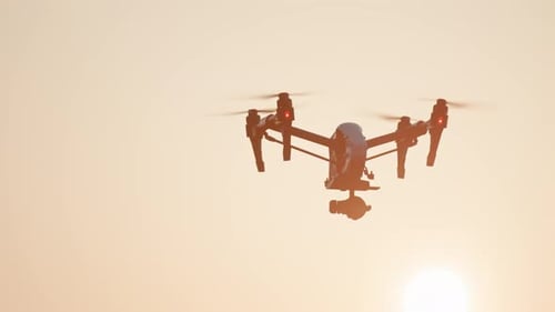 Agriculture Innovations Smart Technological Drone Analyzing Field Flying Against Sunny Sunset Sky