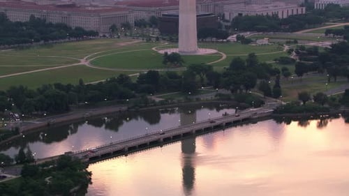 Washington monument reflections in tidal basin at sunrise Washington d c aerial