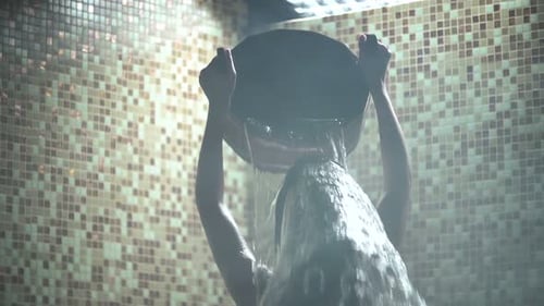 Woman Washes Under The Stream Of Water Her Long Hair. Concept Of A Healthy Lifestyle. Girl Takes ...