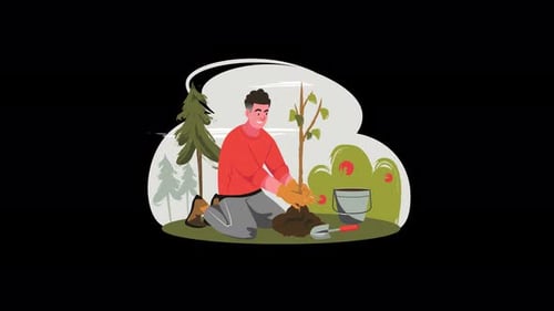 Man planting a tree in a natural setting.