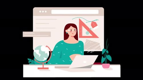 Illustration of a woman working on a laptop at a desk