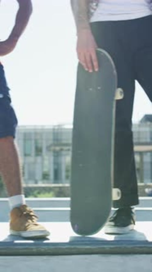 Skating, balance and legs of friends on ramp in skatepark for extreme sports