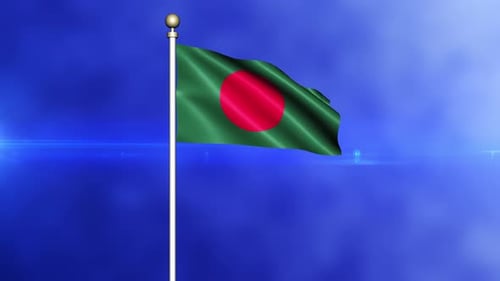 Bangladesh National Flag Waving on Blue Background
