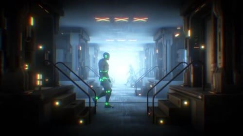 Walking Neon Robots in Futuristic Sci-Fi Corridor
