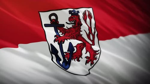 Waving Flag with Heraldic Lion and Anchor Emblem
