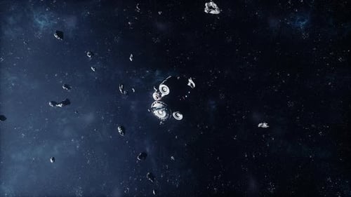 Futuristic Spaceship Navigating Asteroid Field in Deep Space