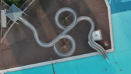 Aerial view of public pools and slides in summer, Germany.