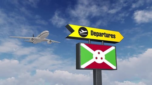Burundi Flag Departures Sign with Flying Airplane