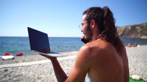 Man Laptop Sea Working Remotely on Seashore Happy Successful Man Male Freelancer Working on Laptop