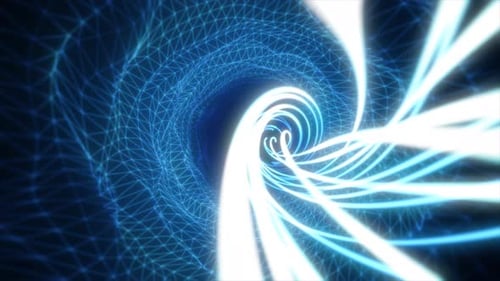 Abstract blue futuristic tunnel from a grid of particles lines glowing bright shiny neon digital