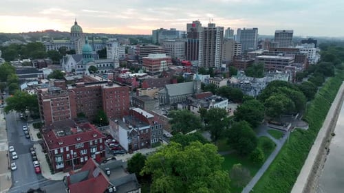 Riverfront homes in Harrisburg PA. Residential houses surrounded by Pennsylvania state government bu