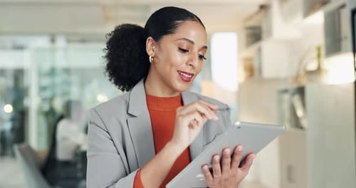 Tablet, stylus and thinking with business woman in office for reading, manuscript editor