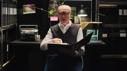 Man Reads Documents in Dark Office