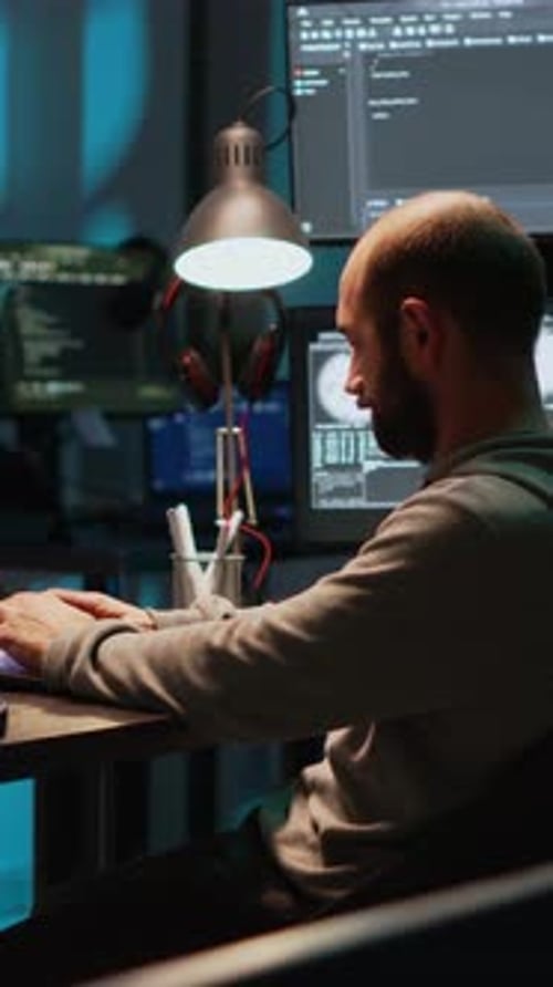 Man Coding at Desk in Dark Office