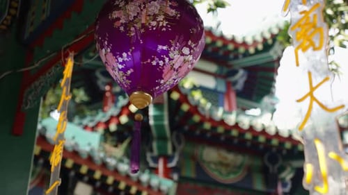 Close Up of Decorative Lantern Hanging in Traditional Asian China Temple