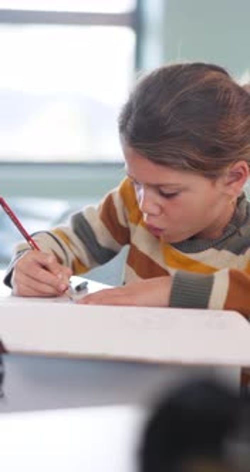 Art, education and activity with girl in classroom for test, child development or knowledge