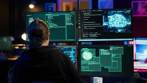 Hacker Drinking Coffee While Running Artificial Intelligence Spyware Software