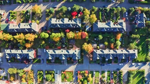 Aerial View of Charming Suburban Neighborhood in Autumn