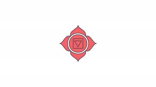 Rotes Muladhara-Wurzel-Chakra-Symbol, das sich in roter 2D-Cartoon-Objektanimation dreht