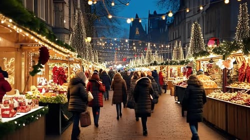 Mercado festivo de Natal com luzes, barracas e compradores entrando no mercado no espírito natalino