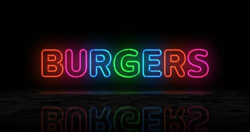 Burgers bar symbol glowing neon 3d lights